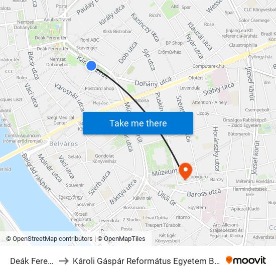 Deák Ferenc Tér M to Károli Gáspár Református Egyetem Bölcsészettudományi Kar map