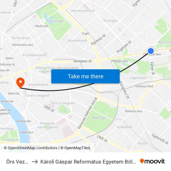 Örs Vezér Tere to Károli Gáspár Református Egyetem Bölcsészettudományi Kar map