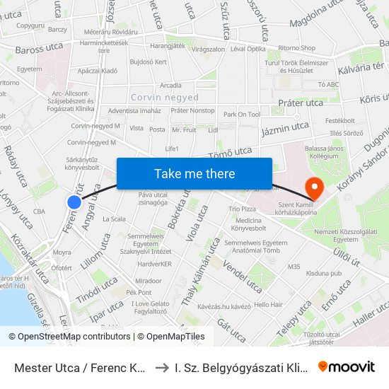 Mester Utca / Ferenc Körút to I. Sz. Belgyógyászati Klinika map