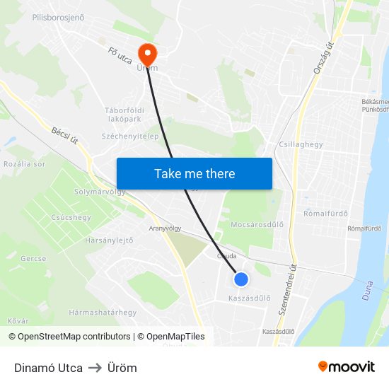 Dinamó Utca to Üröm map