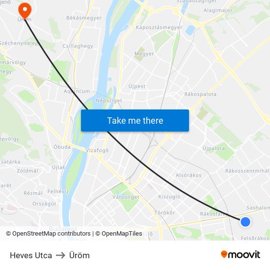 Heves Utca to Üröm map