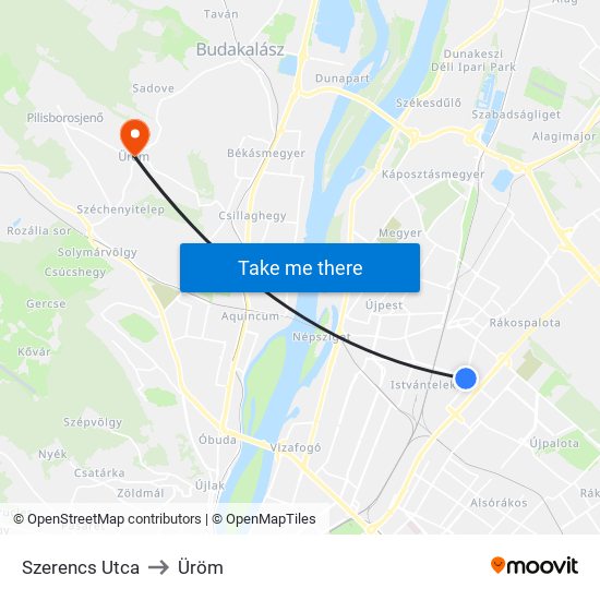 Szerencs Utca to Üröm map