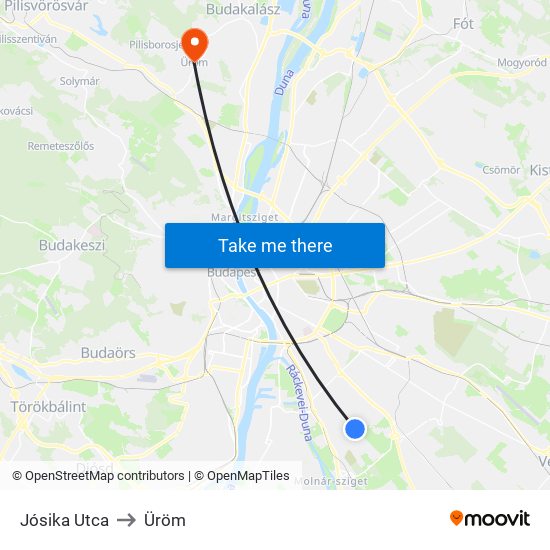 Jósika Utca to Üröm map
