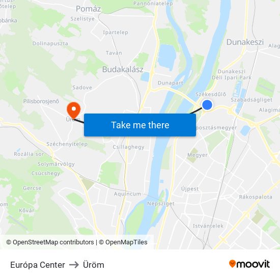 Európa Center to Üröm map