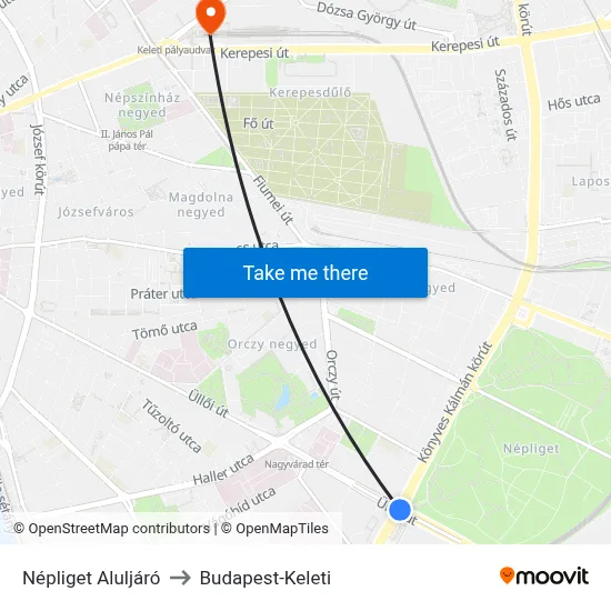 Népliget Aluljáró to Budapest-Keleti map