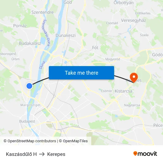 Kaszásdűlő H to Kerepes map