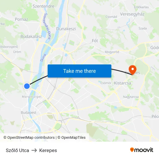 Szőlő Utca to Kerepes map