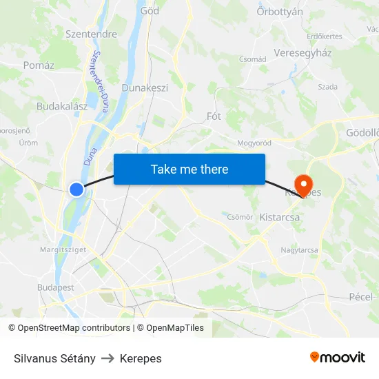 Silvanus Sétány to Kerepes map