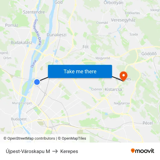 Újpest-Városkapu M to Kerepes map