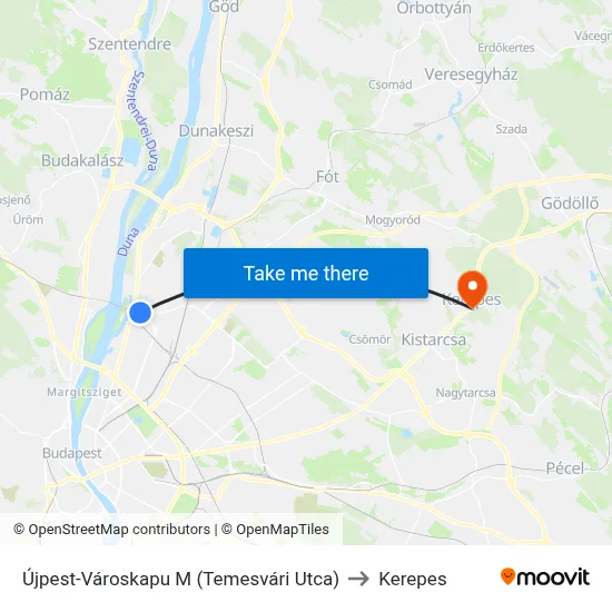 Újpest-Városkapu M (Temesvári Utca) to Kerepes map