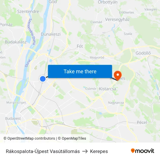 Rákospalota-Újpest Vasútállomás to Kerepes map