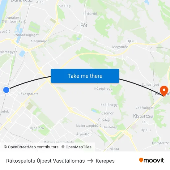 Rákospalota-Újpest Vasútállomás to Kerepes map