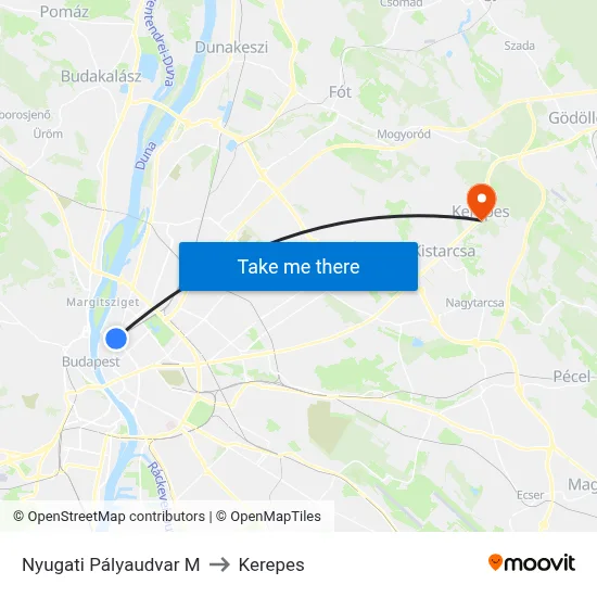 Nyugati Pályaudvar M to Kerepes map