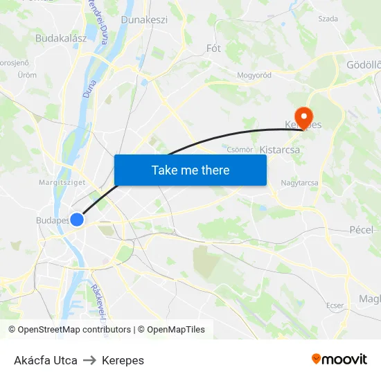 Akácfa Utca to Kerepes map