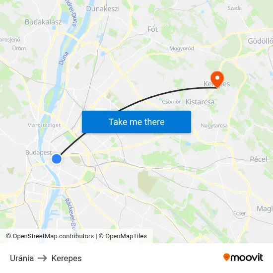 Uránia to Kerepes map