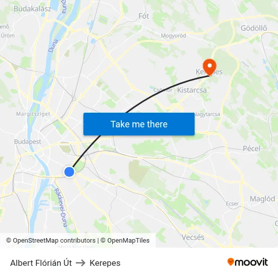 Albert Flórián Út to Kerepes map