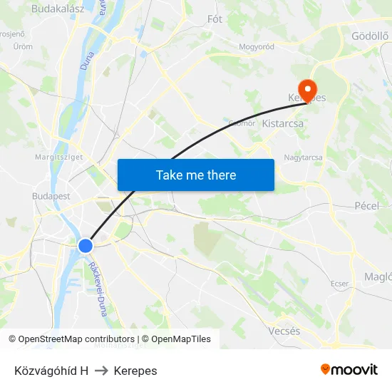 Közvágóhíd H to Kerepes map