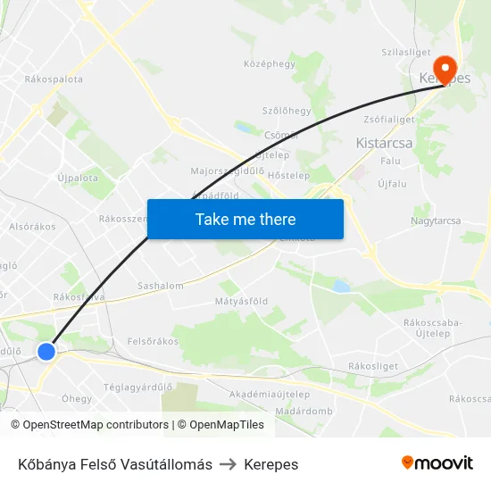 Kőbánya Felső Vasútállomás to Kerepes map