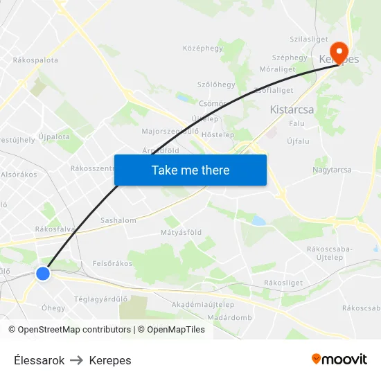 Élessarok to Kerepes map