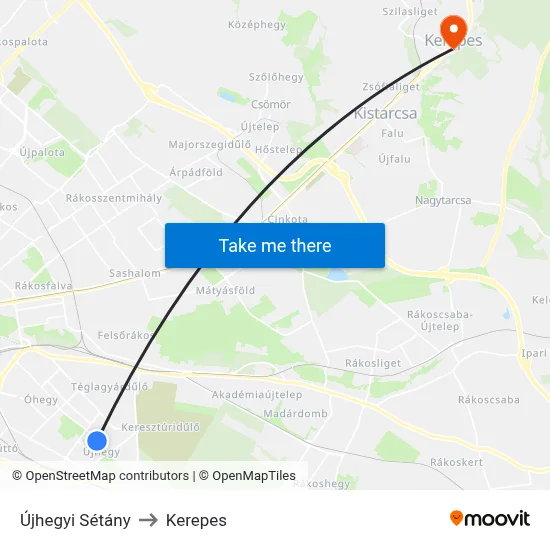 Újhegyi Sétány to Kerepes map