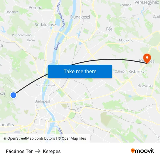 Fácános Tér to Kerepes map