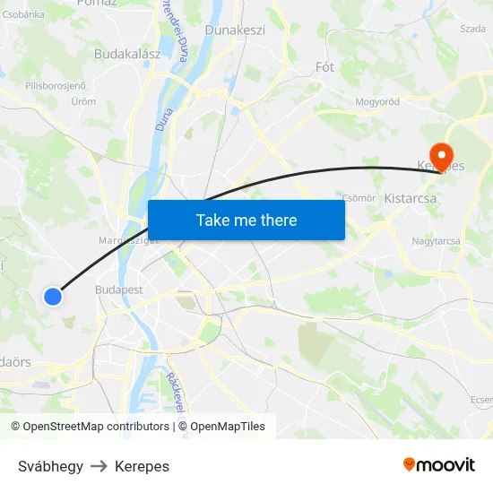 Svábhegy to Kerepes map