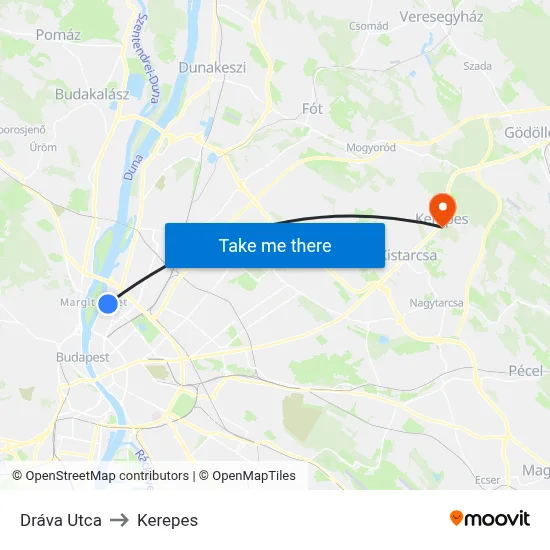 Dráva Utca to Kerepes map