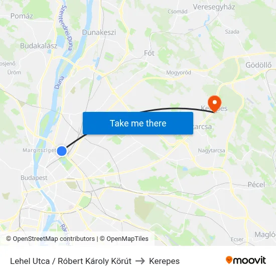 Lehel Utca / Róbert Károly Körút to Kerepes map