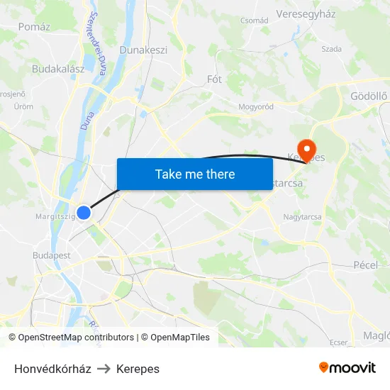 Honvédkórház to Kerepes map