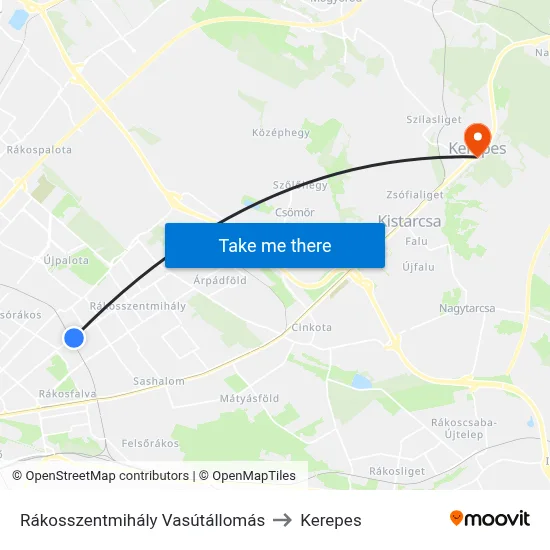 Rákosszentmihály Vasútállomás to Kerepes map