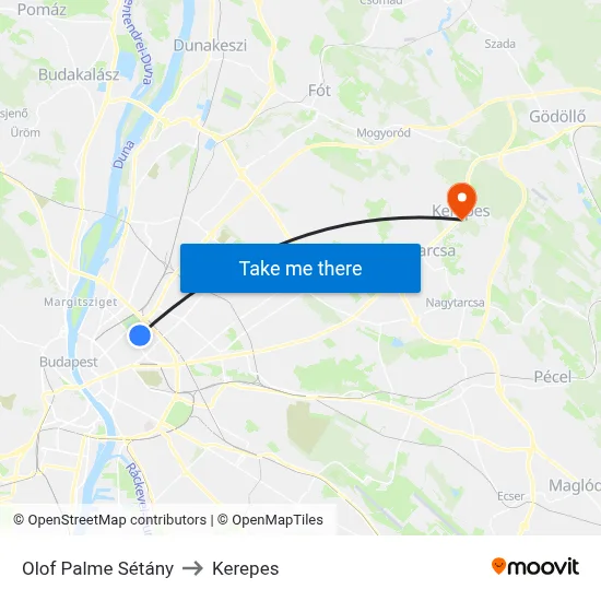 Olof Palme Sétány to Kerepes map