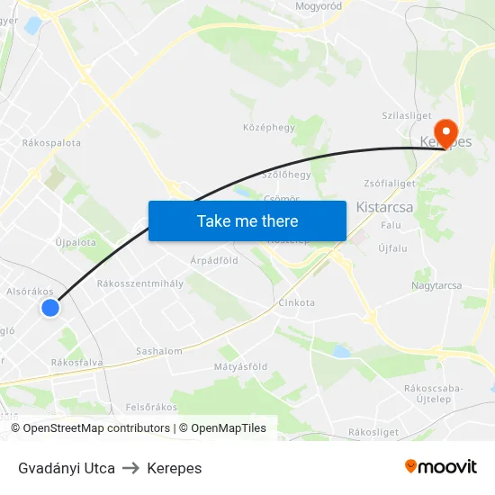 Gvadányi Utca to Kerepes map