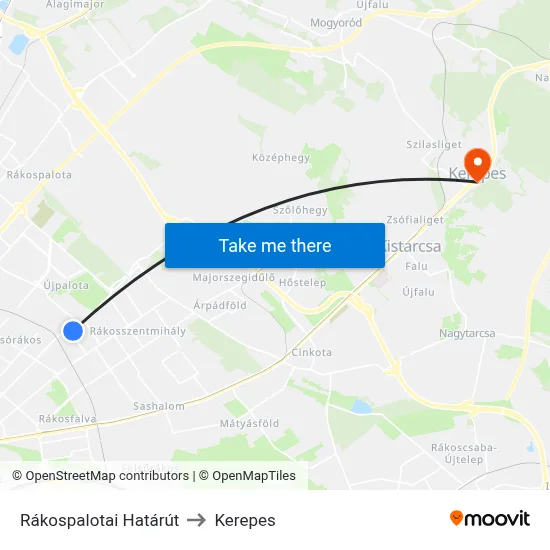 Rákospalotai Határút to Kerepes map