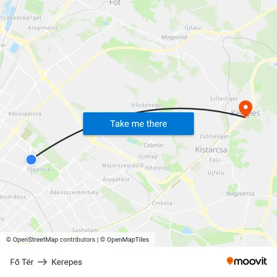 Fő Tér to Kerepes map