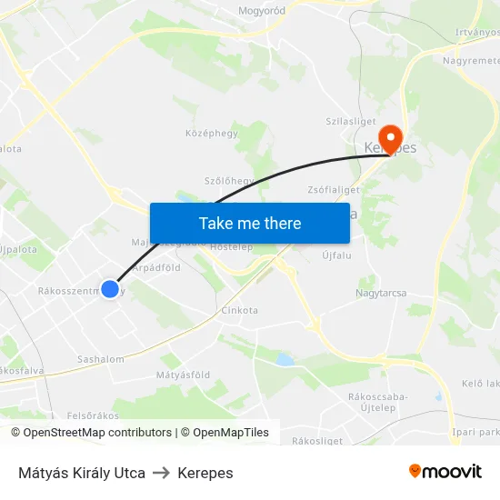 Mátyás Király Utca to Kerepes map