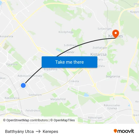 Batthyány Utca to Kerepes map