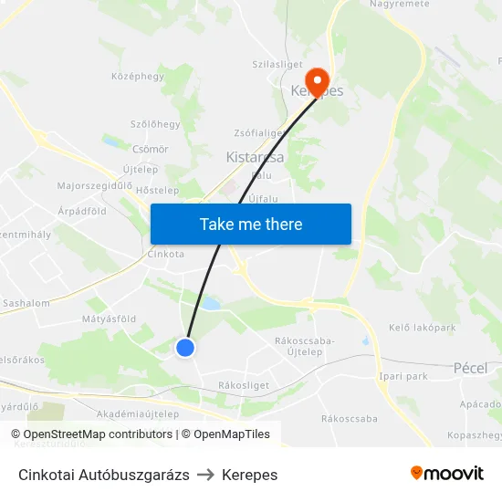 Cinkotai Autóbuszgarázs to Kerepes map