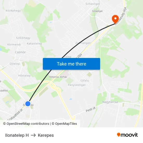 Ilonatelep H to Kerepes map