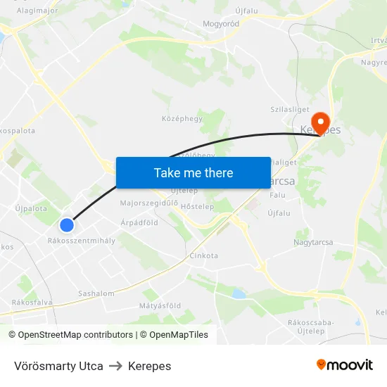 Vörösmarty Utca to Kerepes map