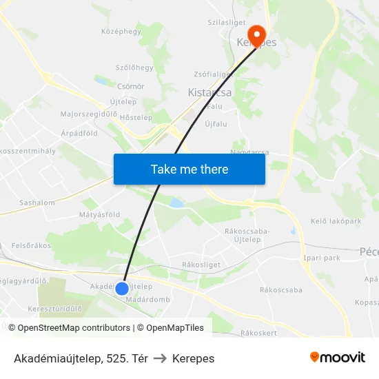Akadémiaújtelep, 525. Tér to Kerepes map