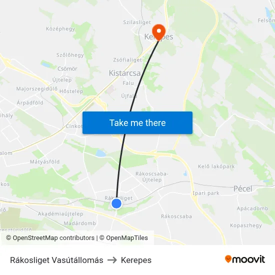 Rákosliget Vasútállomás to Kerepes map