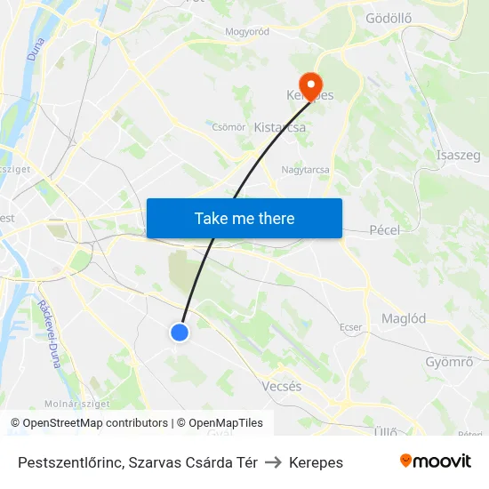 Pestszentlőrinc, Szarvas Csárda Tér to Kerepes map
