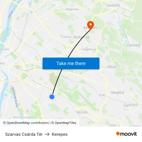 Szarvas Csárda Tér to Kerepes map