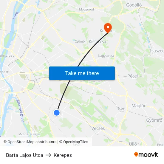 Barta Lajos Utca to Kerepes map