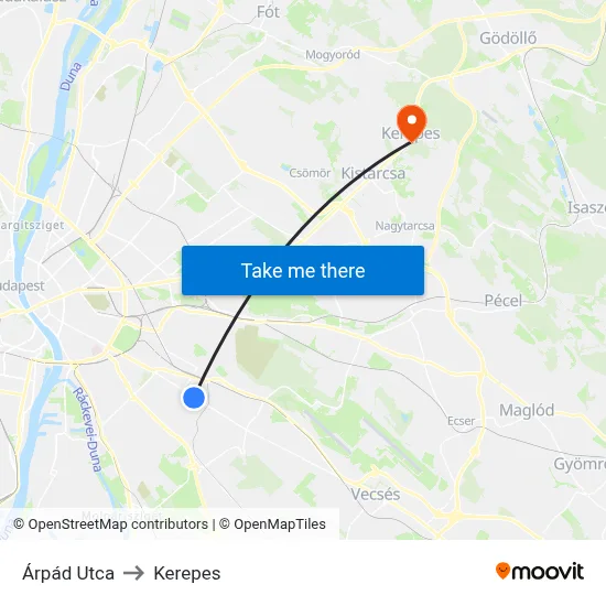 Árpád Utca to Kerepes map