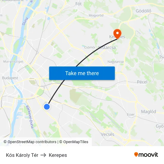 Kós Károly Tér to Kerepes map
