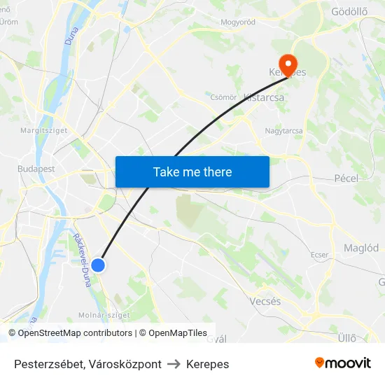 Pesterzsébet, Városközpont to Kerepes map