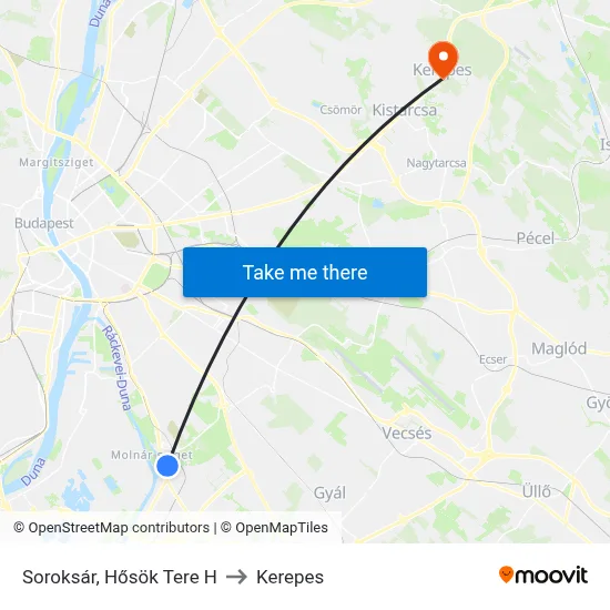 Soroksár, Hősök Tere H to Kerepes map