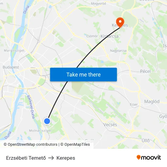 Erzsébeti Temető to Kerepes map