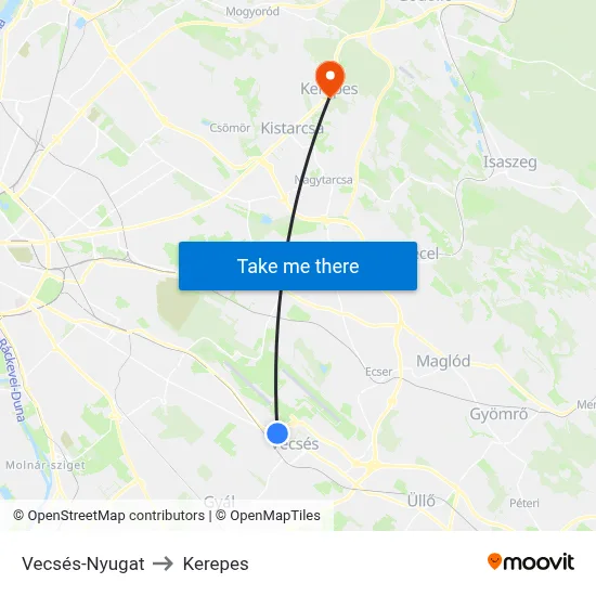 Vecsés-Nyugat to Kerepes map